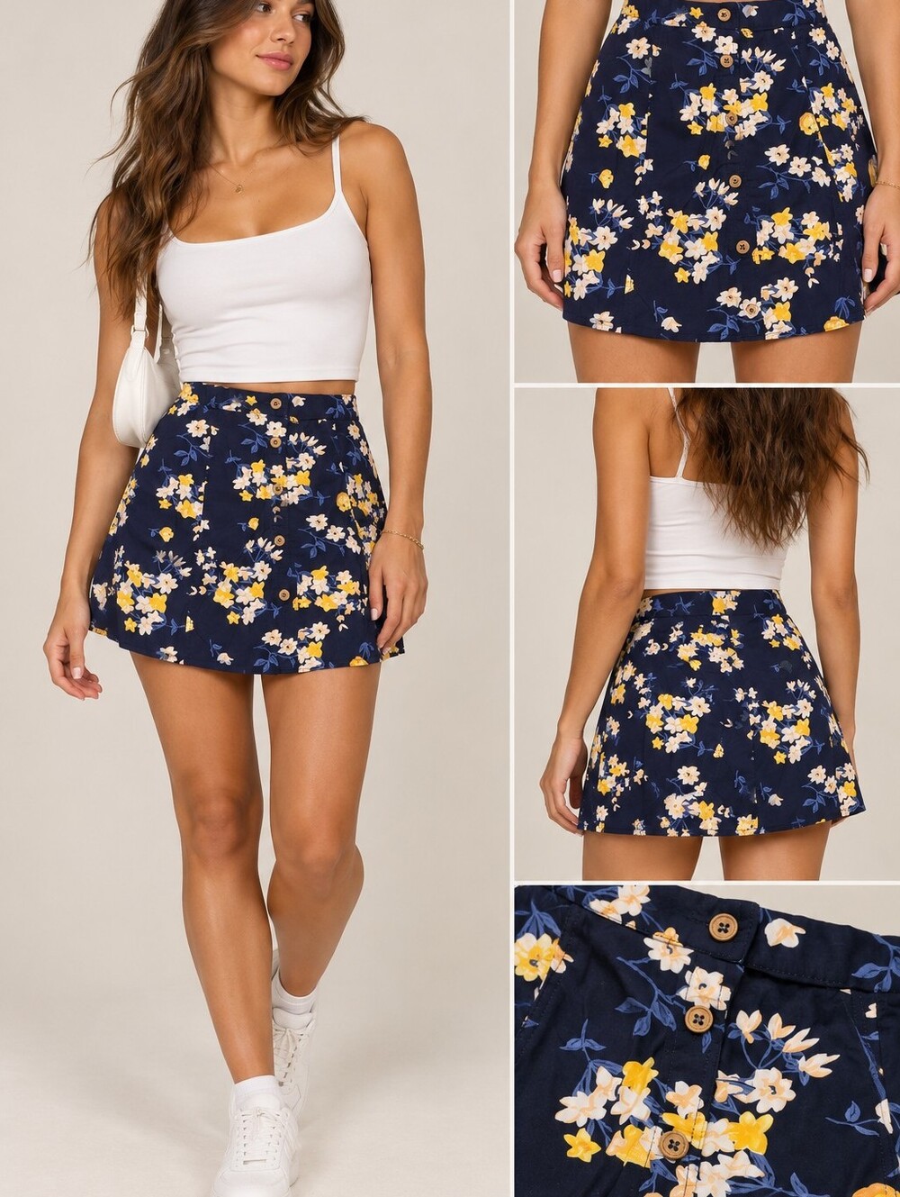 Garage Floral Button-Front Navy Mini Skirt - Yellow & White Flowers
